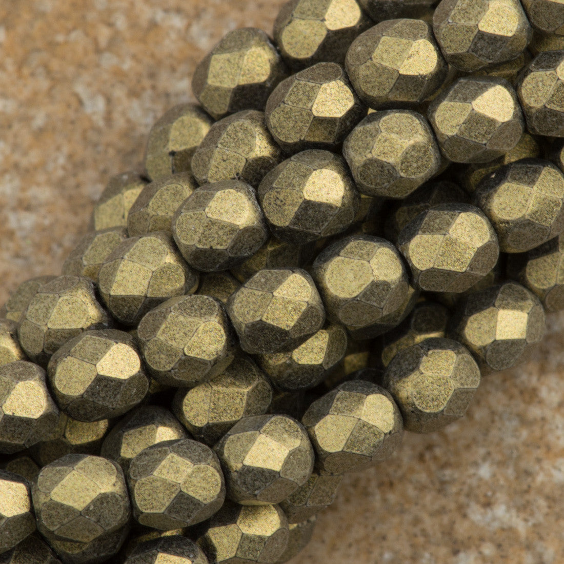 100 Czech Fire Polished 4mm Round Bead Metallic Suede Gold (79080)