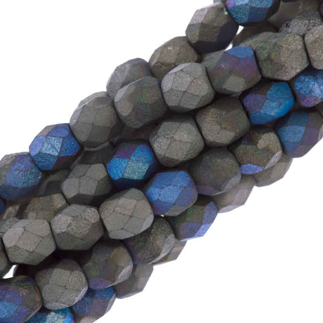 80 Czech Fire Polished 4mm Round Bead Matte Glittery Graphite (98855)