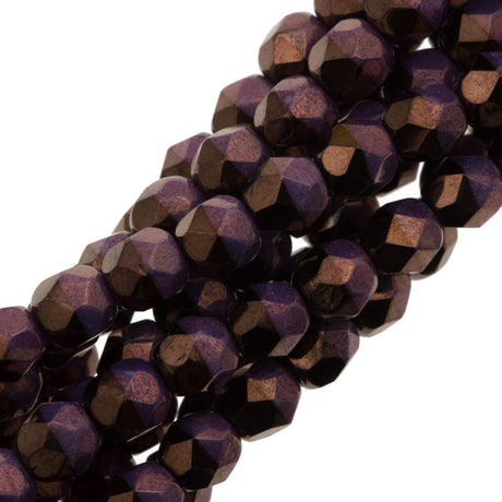 80 Czech Fire Polished 4mm Round Bead Duet Jet Purple Vega (03849E)