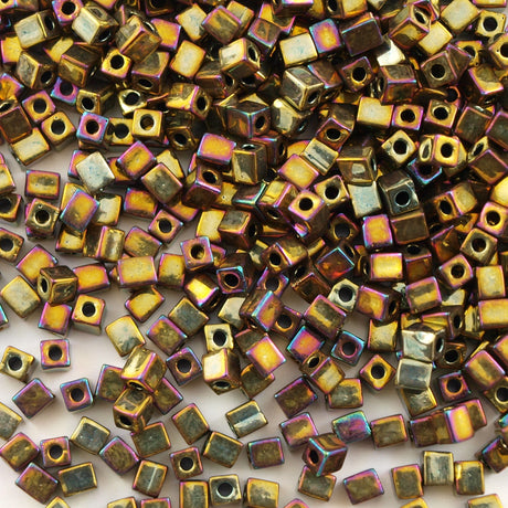 Miyuki 3mm Cube Seed Bead Metallic Gold Iris 10g (462)