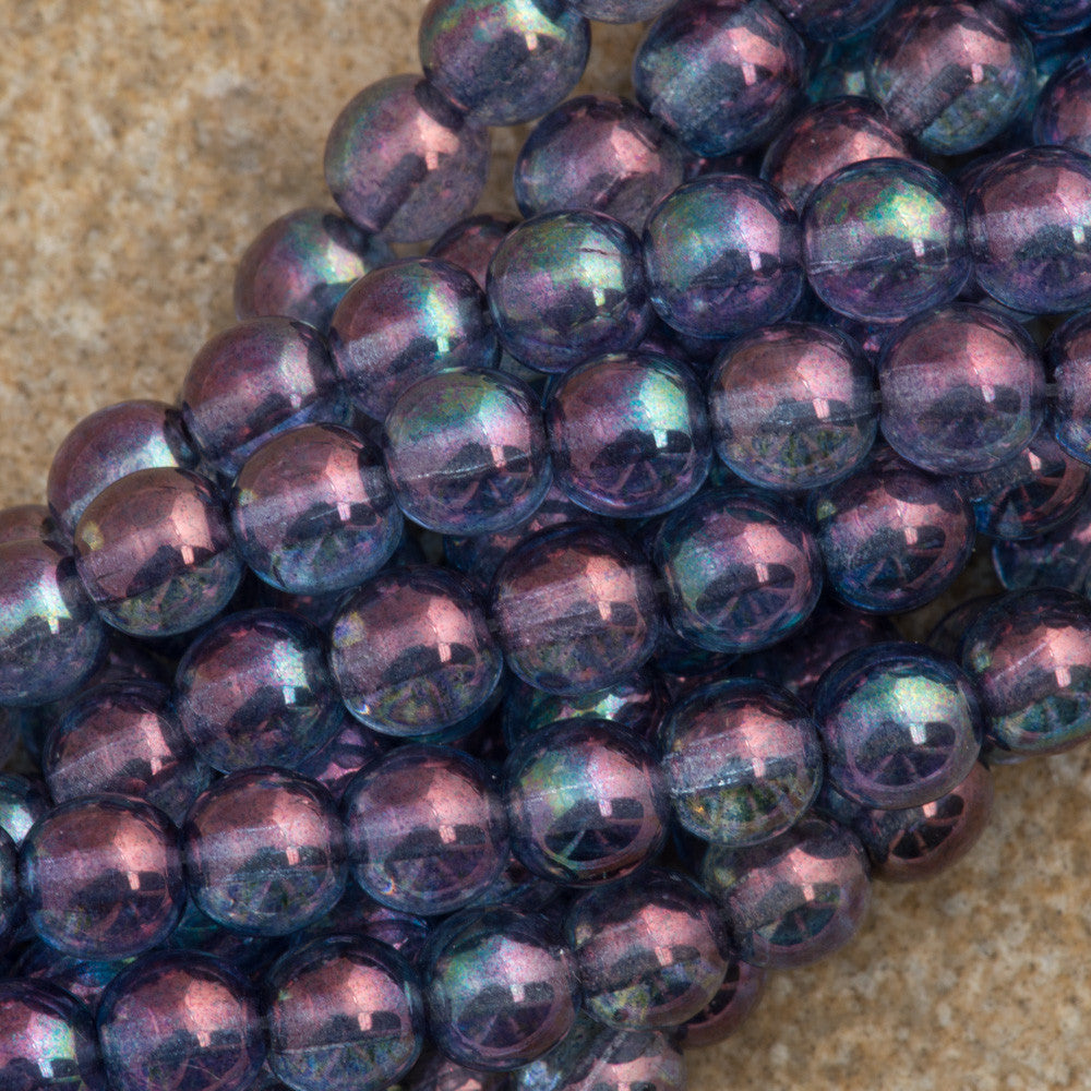 100 Czech 6mm Pressed Glass Round Beads Opaque Amethyst Luster (15726P)