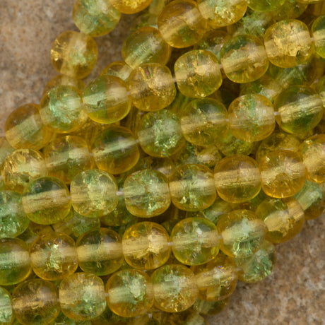 100 Czech 6mm Pressed Glass Round Topaz Green Crackle Beads (57101CRK)