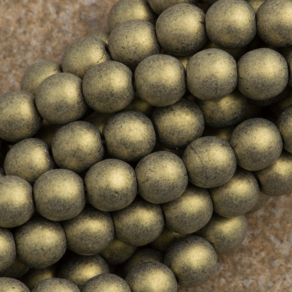 100 Czech 6mm Pressed Glass Round Beads Metallic Suede Gold (79080)