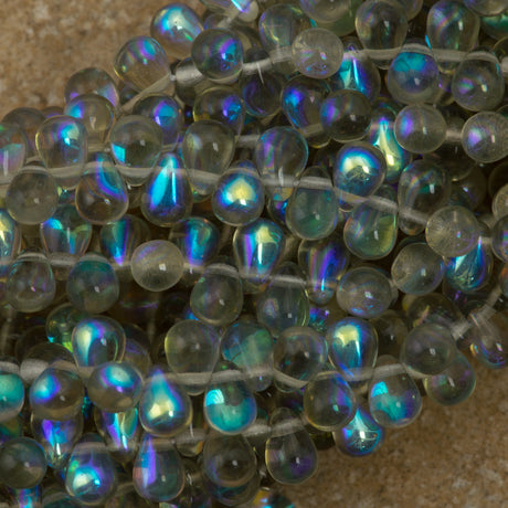 90 Czech 6x4mm Tear Drop Black Diamond AB Beads (40010X)