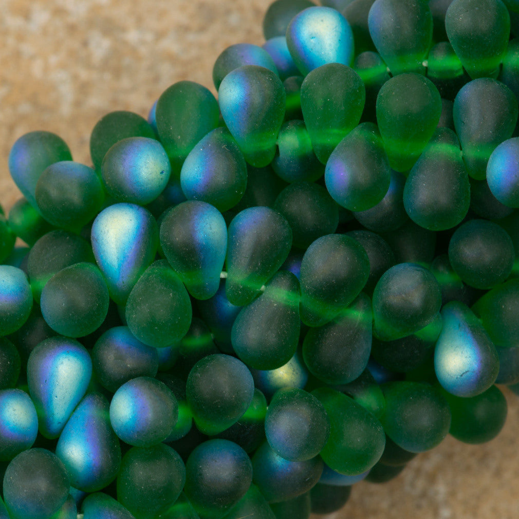 90 Czech 6x4mm Tear Drop Matte Green Emerald AB Beads (50140MX)