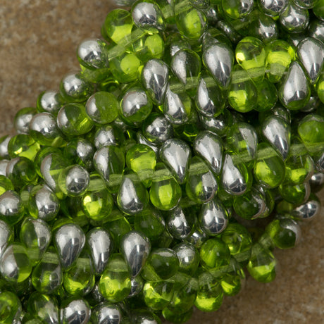 90 Czech 6x4mm Tear Drop Olivine Silver Beads (50230S)