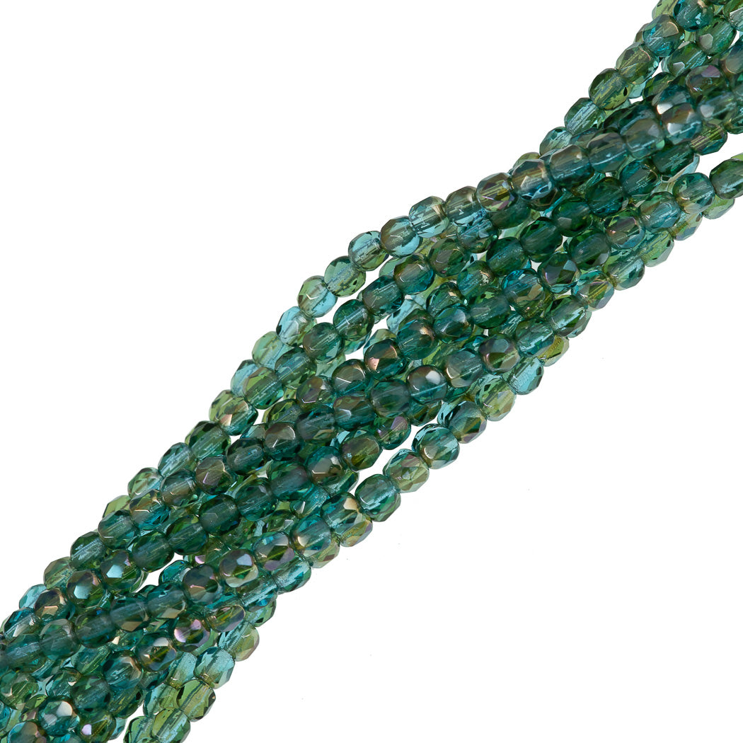 100 Czech Fire Polished 3mm Round Bead Aquamarine Celsian (60010Z)