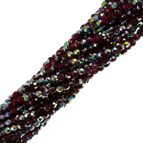 100 Czech Fire Polished 3mm Round Beads Ruby Vitrail (90100V)