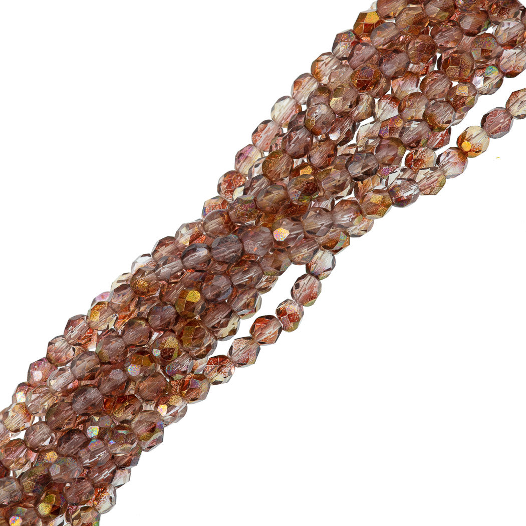 100 Czech Fire Polished 4mm Round Bead Pink Lemonade Luster (91002)