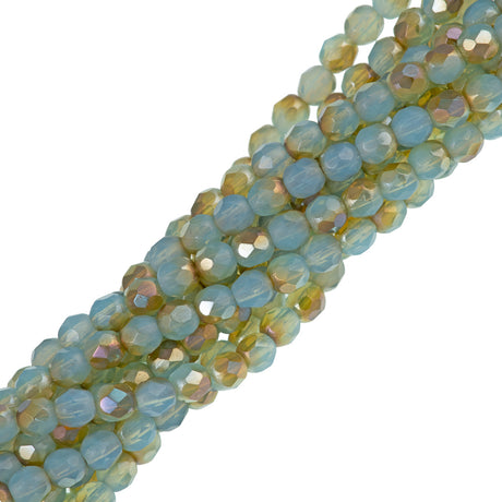 100 Czech Fire Polished 4mm Round Bead Milky Aquamarine Celsian (61000Z)