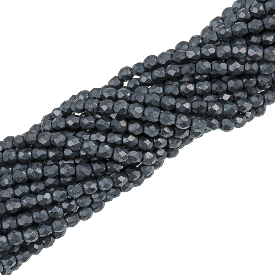 100 Czech Fire Polished 4mm Round Bead Matte Hematite (14400M)