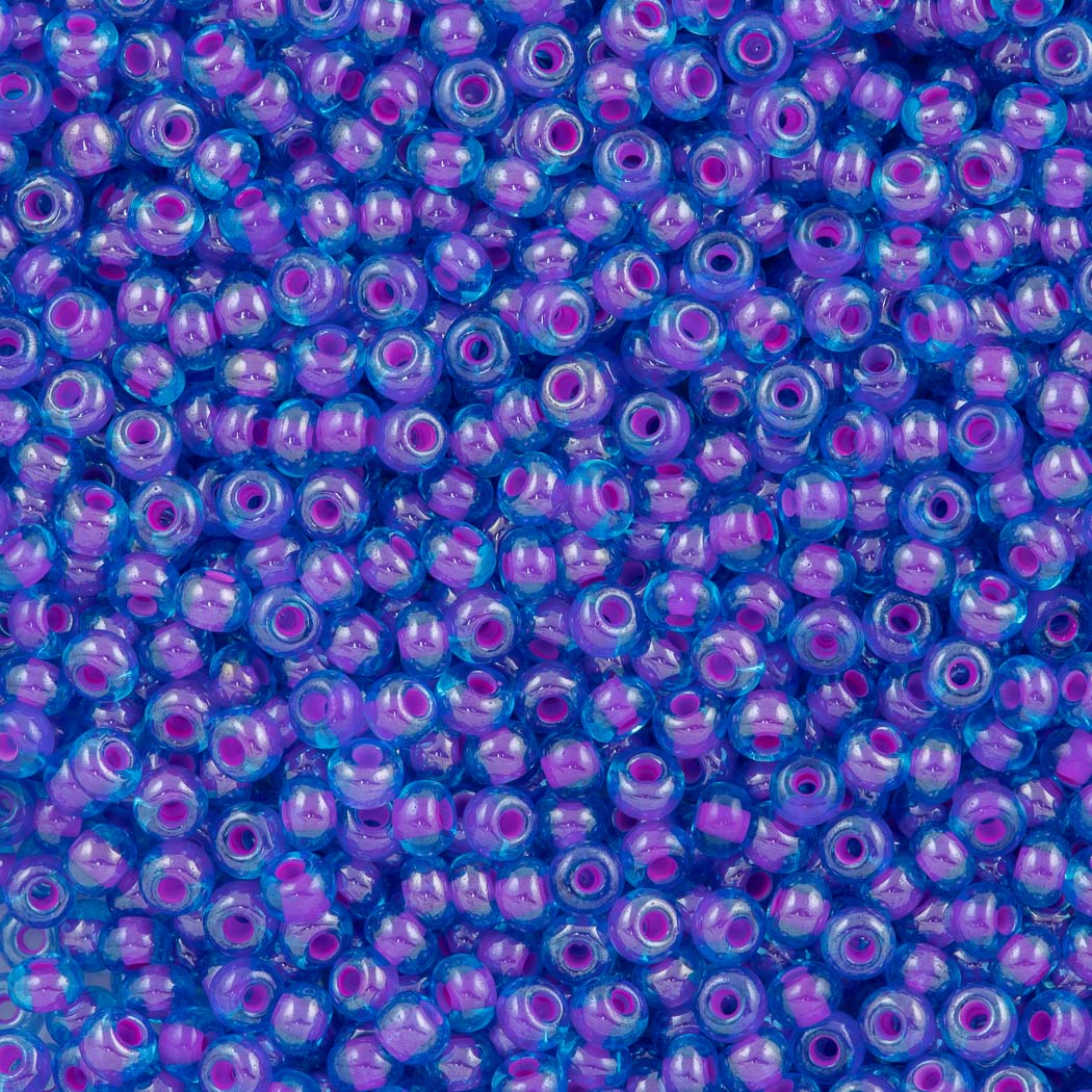 Czech Seed Bead 6/0 Transparent Blue Inside Color Lined Fuchsia 2-inch Tube (61016)