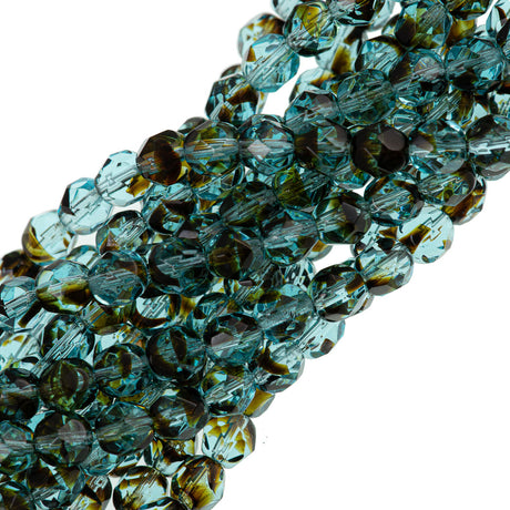 50 Czech Fire Polished 6mm Round Bead Teal Tortoise (68116)