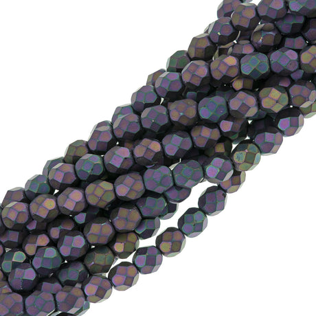 50 Czech Fire Polished 6mm Round Bead Matte Purple Iris (21195)