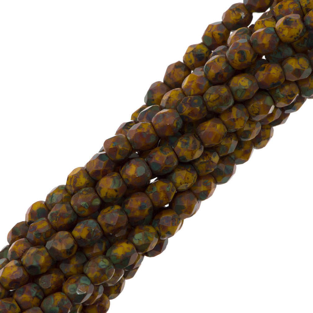 100 Czech Fire Polished 3mm Round Bead Sunflower Yellow Picasso (93110T)