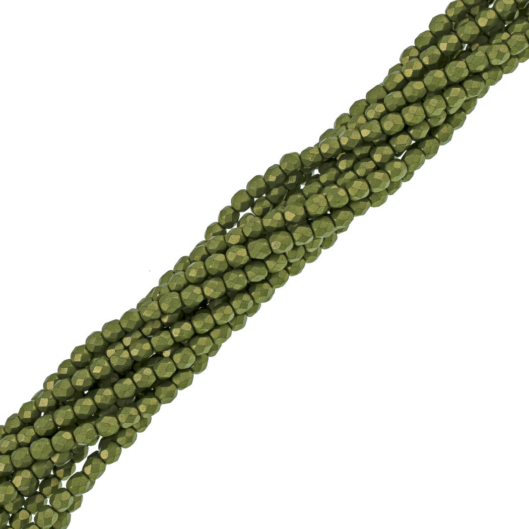 100 Czech Fire Polished 3mm Round Bead Saturated Metallic Lime Punch (05A09)