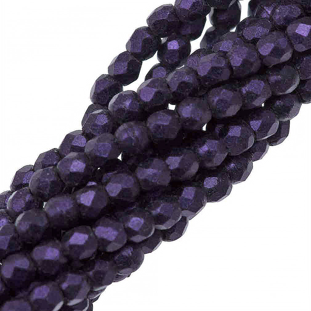 100 Czech Fire Polished 3mm Round Bead Metallic Suede Purple (79021)