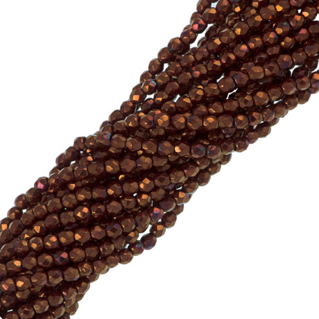 100 Czech Fire Polished 3mm Round Bead Opaque Dark Bronze Luster Iris (14415R)