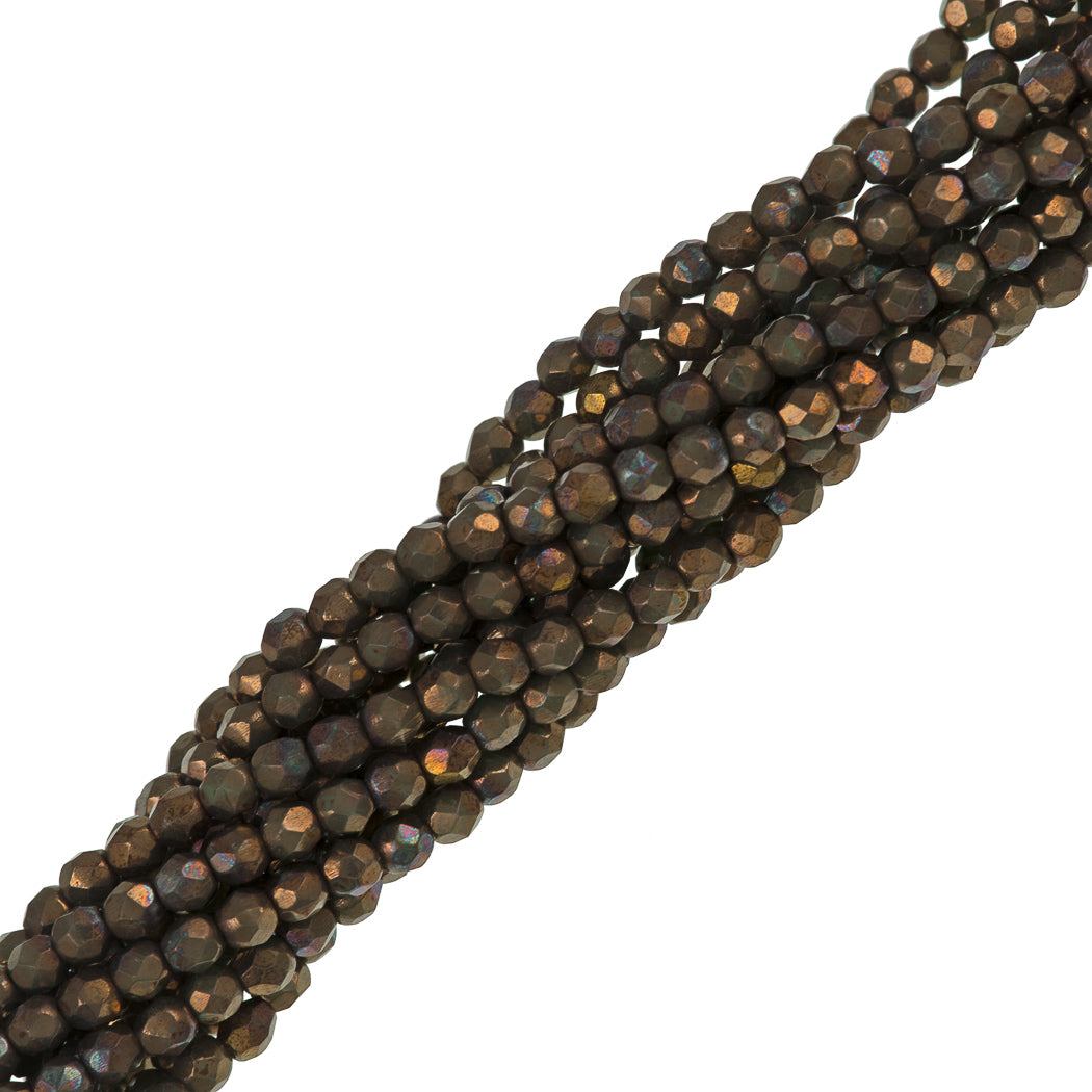 100 Czech Fire Polished 3mm Round Bead Oxidized Bronze Clay (15768)