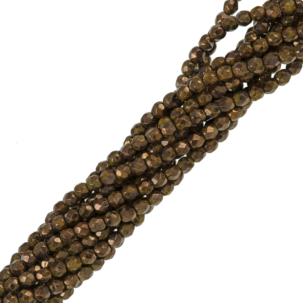 100 Czech Fire Polished 3mm Round Bead Opaque Yellow Bronze Picasso (83120BT)