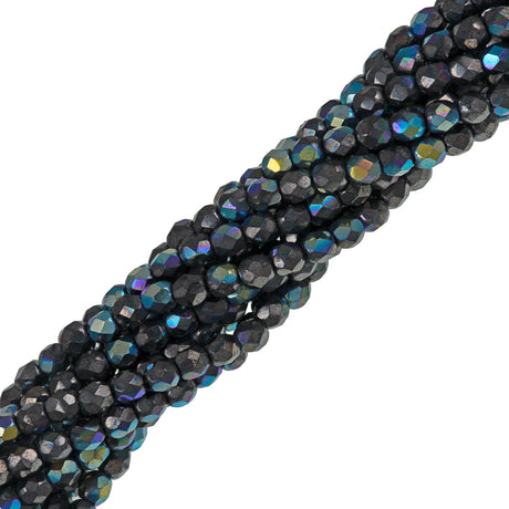 100 Czech Fire Polished 4mm Round Bead Hematite AB (14400X)