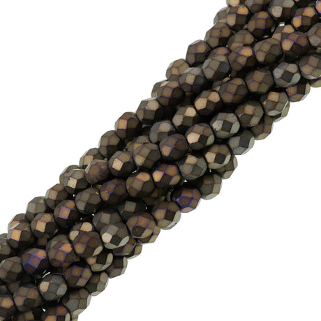 50 Czech Fire Polished 6mm Round Bead Matte Brown Iris (21115)